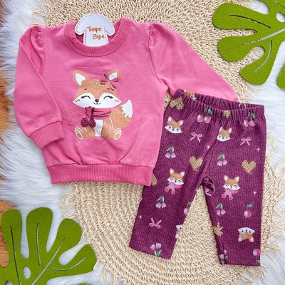 Conj. Casaco de Moletom Pequena Diva e Calça Legging Raposinha e Frutinhas - Rose